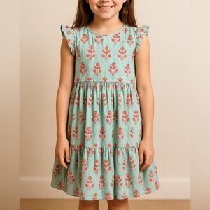 Pink Chicken Green and Red Floral Kids Dress